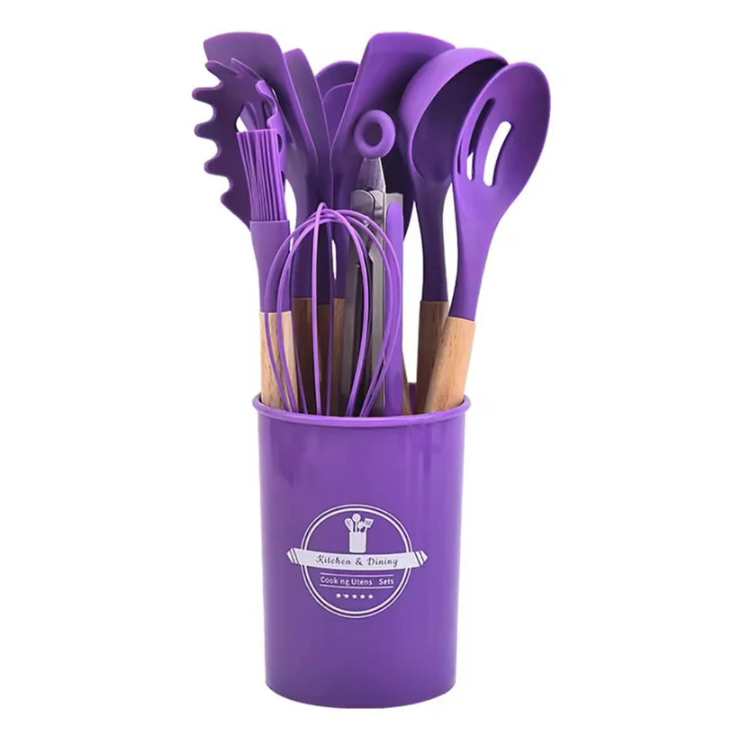 Set Cucina : 11 utensili in silicone con manico in legno e porta utensili incluso | BeSmart™