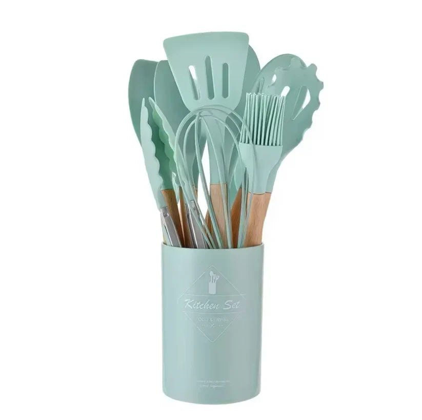 Set Cucina : 11 utensili in silicone con manico in legno e porta utensili incluso | BeSmart™