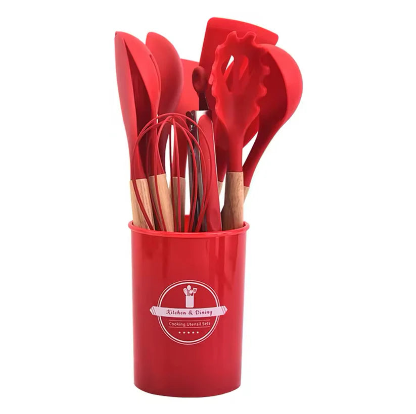 Set Cucina : 11 utensili in silicone con manico in legno e porta utensili incluso | BeSmart™