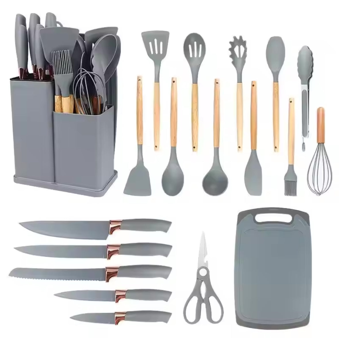 Set cucina: 12 utensili in silicone 5 coltelli acciaio inox + accessori