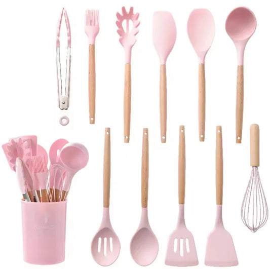 Set Cucina : 11 utensili in silicone con manico in legno e porta utensili incluso | BeSmart™