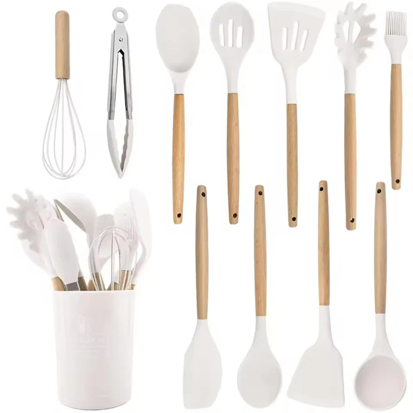 Set Cucina : 11 utensili in silicone con manico in legno e porta utensili incluso | BeSmart™