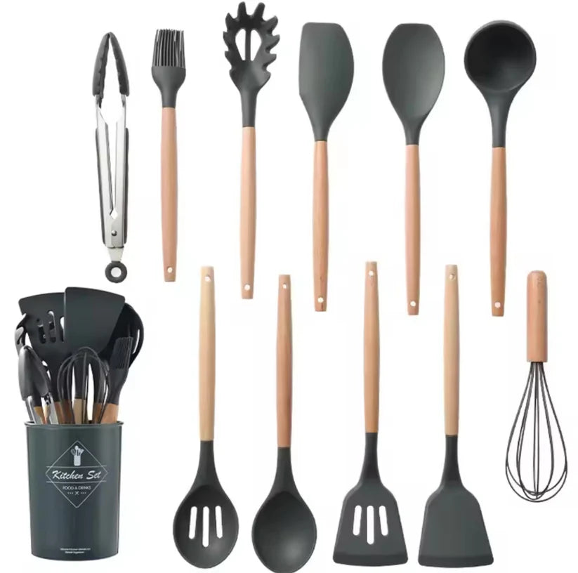 Set Cucina : 11 utensili in silicone con manico in legno e porta utensili incluso | BeSmart™